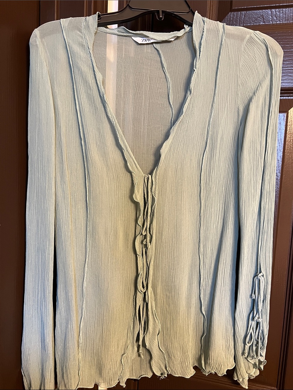 ZARA Sage Green Crinkle Tie-Front Blouse